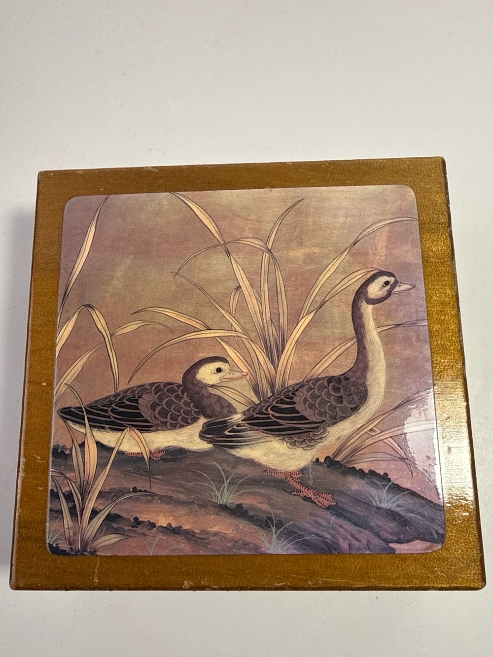Vintage Taiwan Wooden Goose Duck Coaster Set w Storage Box Cottagecore MCM